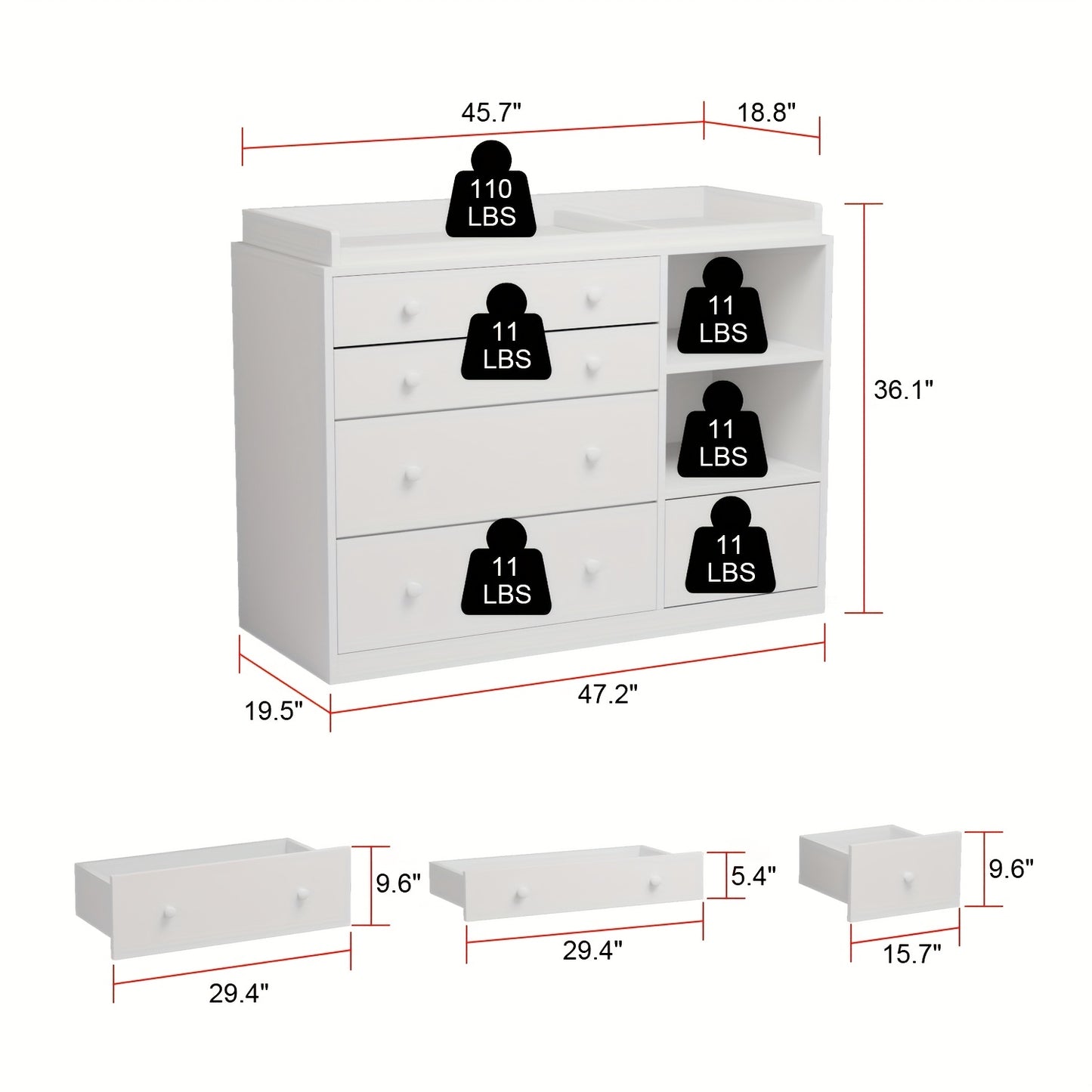 Modern White Dresser With Five Drawers Top Storage 27 Inch