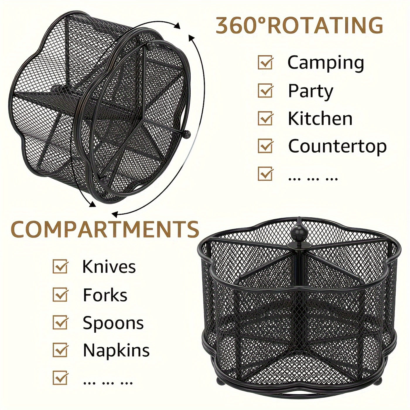 TUDOCCY Metal Kitchen Utensil Holder Rotating 5 Compartments