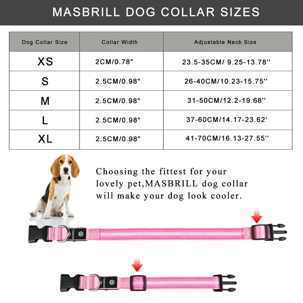Masbrill Light Up Dog Collar Waterproof USB Rechargeable Adjustable Luminous LED Pet Safety Collar