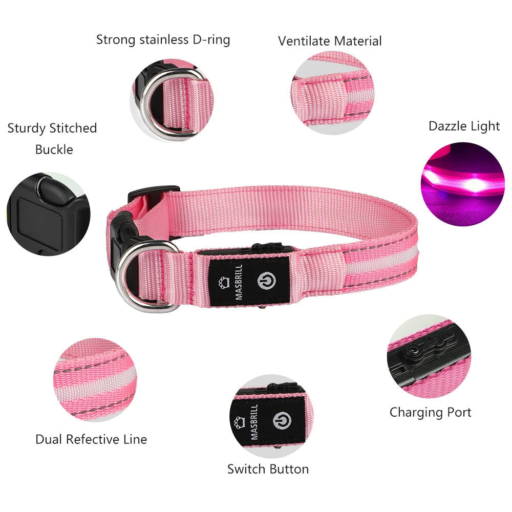 Masbrill Light Up Dog Collar Waterproof USB Rechargeable Adjustable Luminous LED Pet Safety Collar