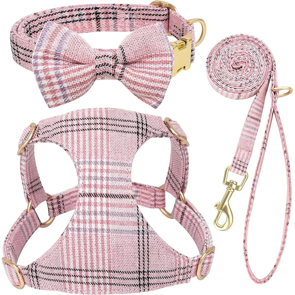 Cute Small Dog Harness Collar Leash Set Adjustable Soft Plaid Design for Extra Small Dogs and Cats Ideal for Walks and Parties