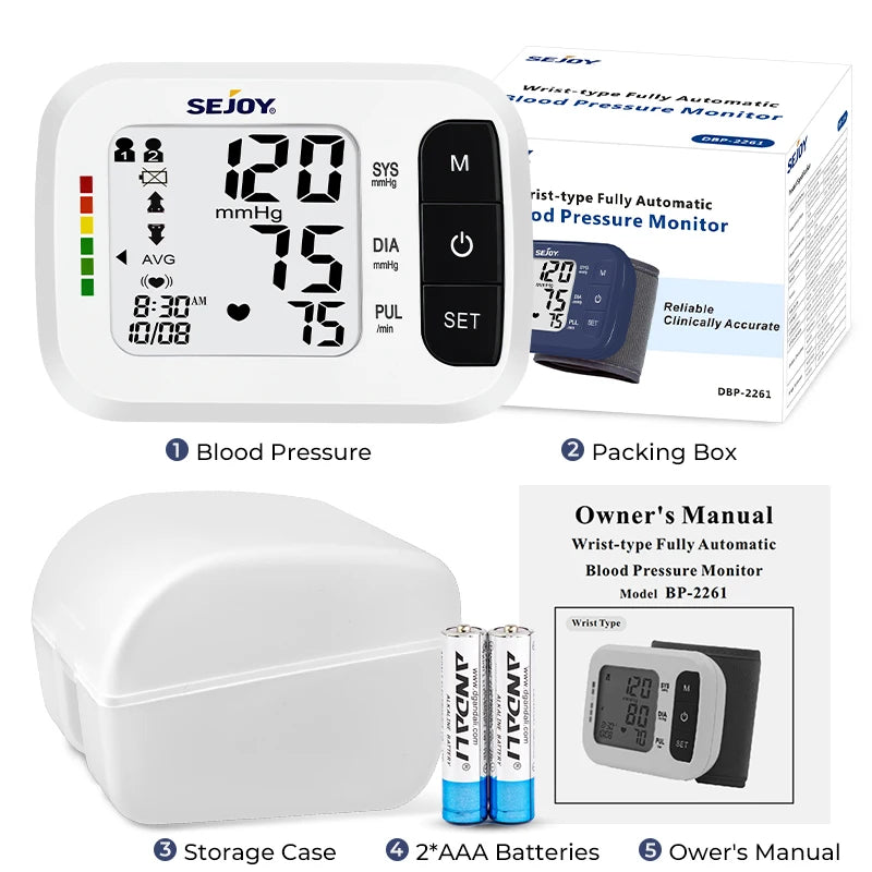 Sejoy Digital Wrist Blood Pressure Monitor Sphygmomanometer Heart Rate Meter DBP-2261