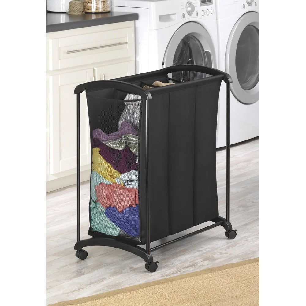 3 Section Laundry Sorter with Wheels Fabric Mesh Heavy Duty Laundry Hamper Rolling Storage Bin Toy Organizer for Adults and Teens