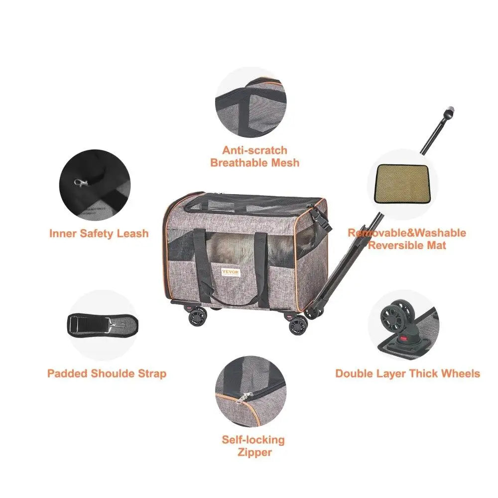 Rolling Cat Carrier with Wheels Airline Approved Pet Travel Bag Telescopic Handle and Shoulder Strap for Pets Up to 22 Pounds