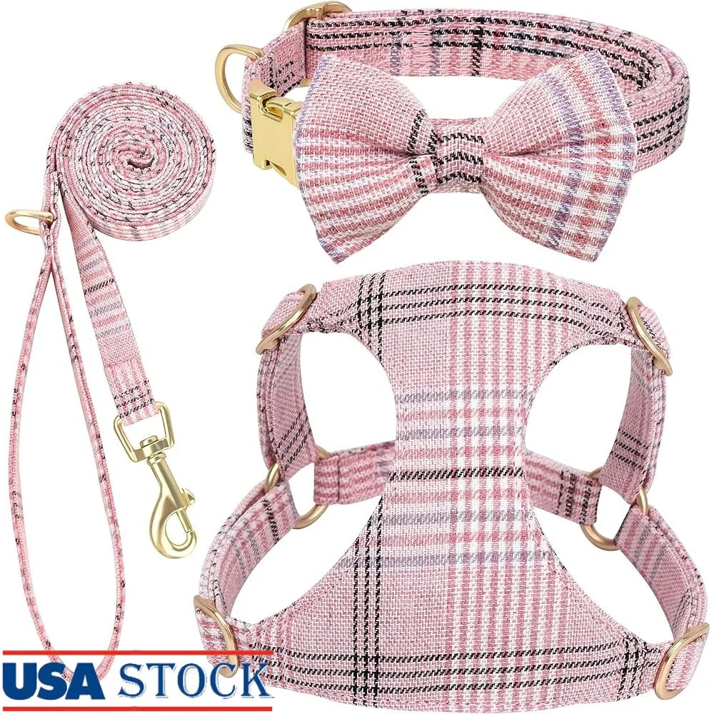 Cute Small Dog Harness Collar Leash Set Adjustable Soft Plaid Design for Extra Small Dogs and Cats Ideal for Walks and Parties
