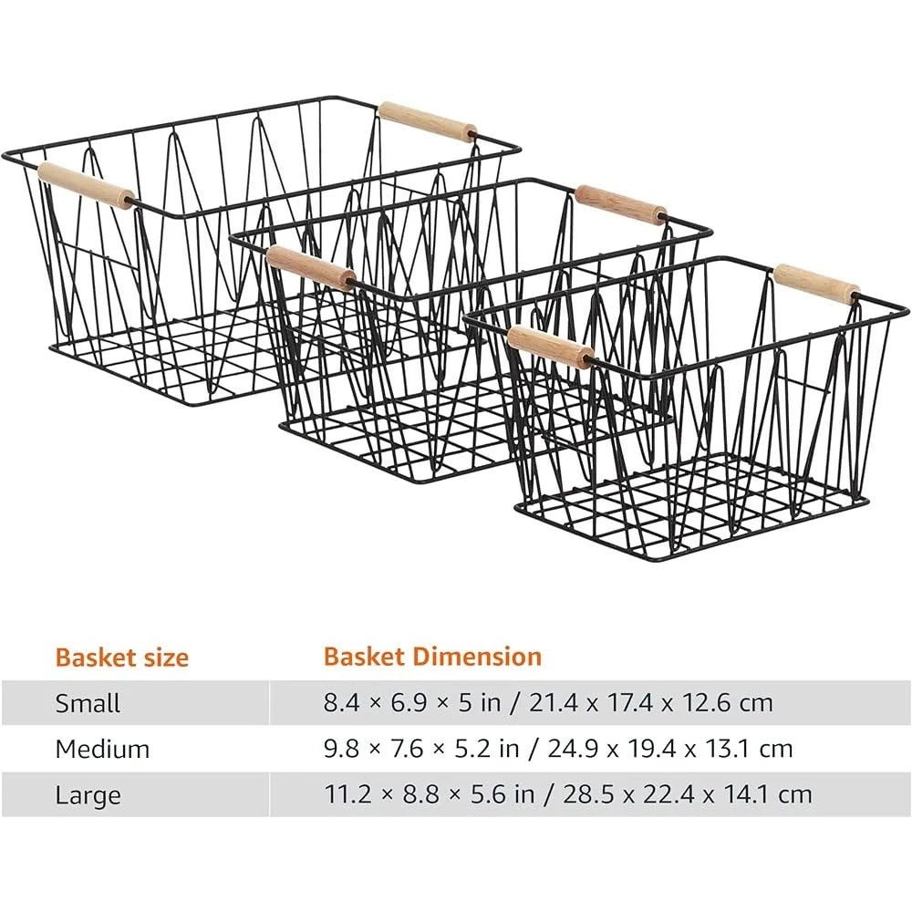 Set Of 3 Rectangular Wire Storage Baskets With Wood Handles