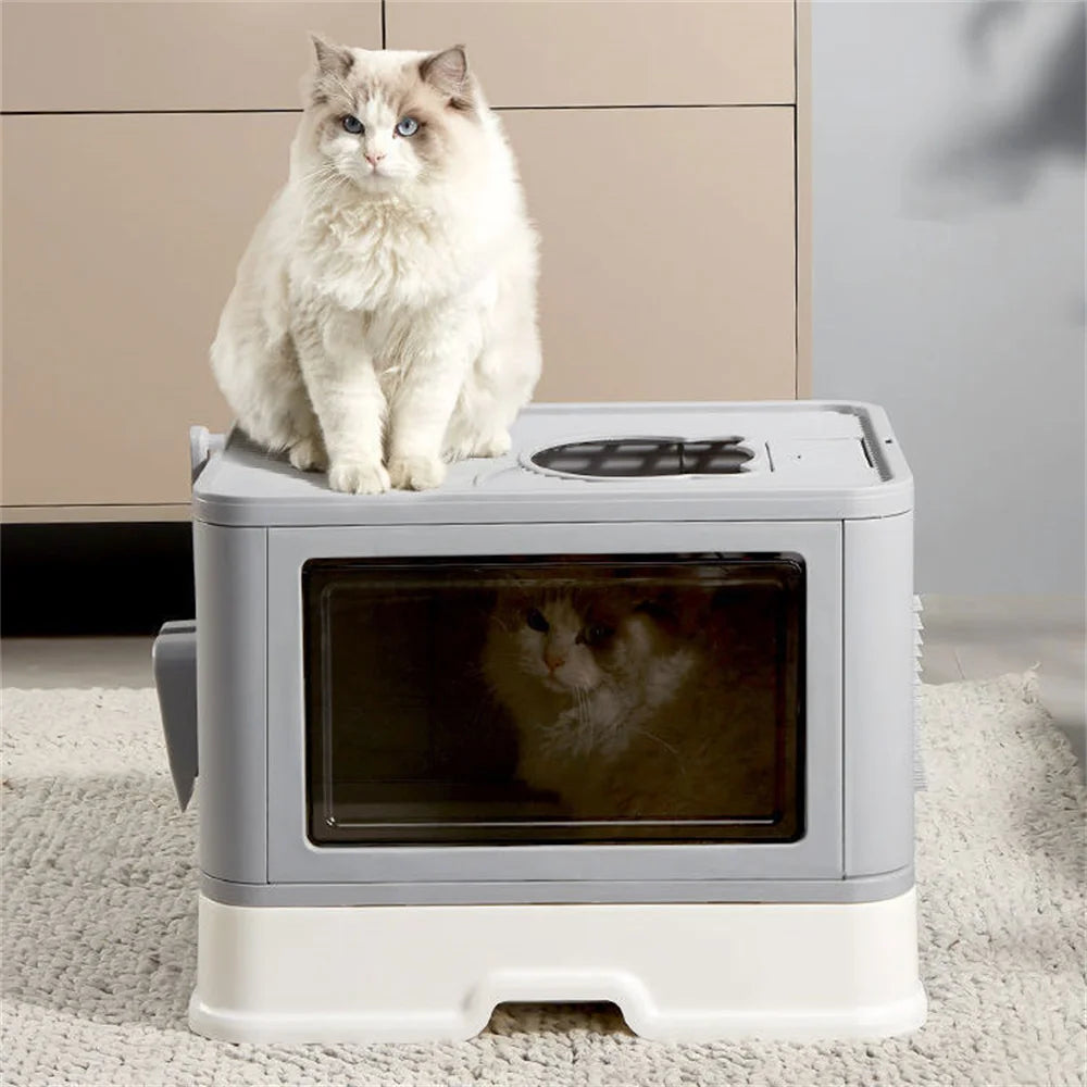 Large Hooded Cat Litter Box Tray Drawer Type Pet Kitty Toilet Top Entry Anti Splashing Enclosed Potty with Hair Grooming Scoop