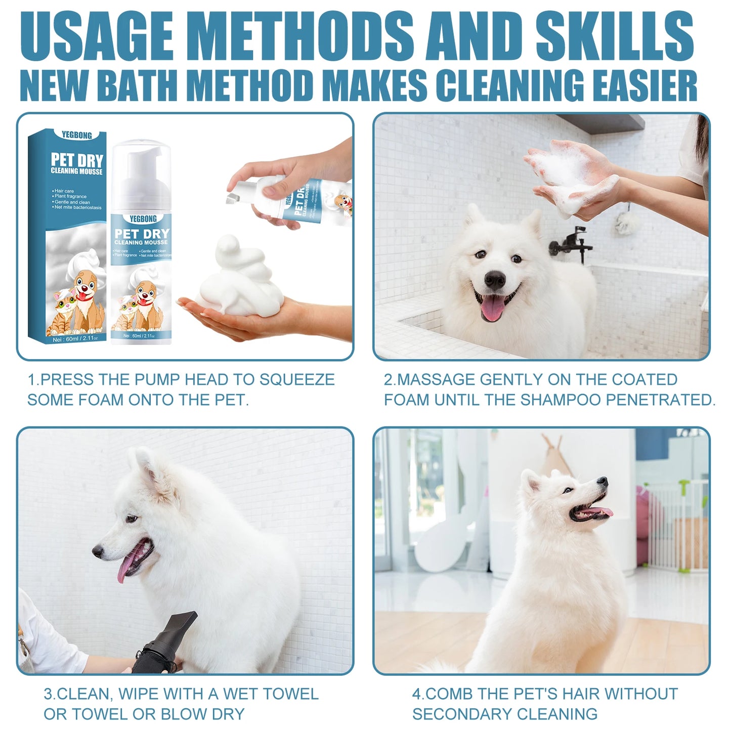 60ml Pet Dry Cleaning Agent Deodorizing Shampoo Waterless Rinse Free Body Wash for Small Animals