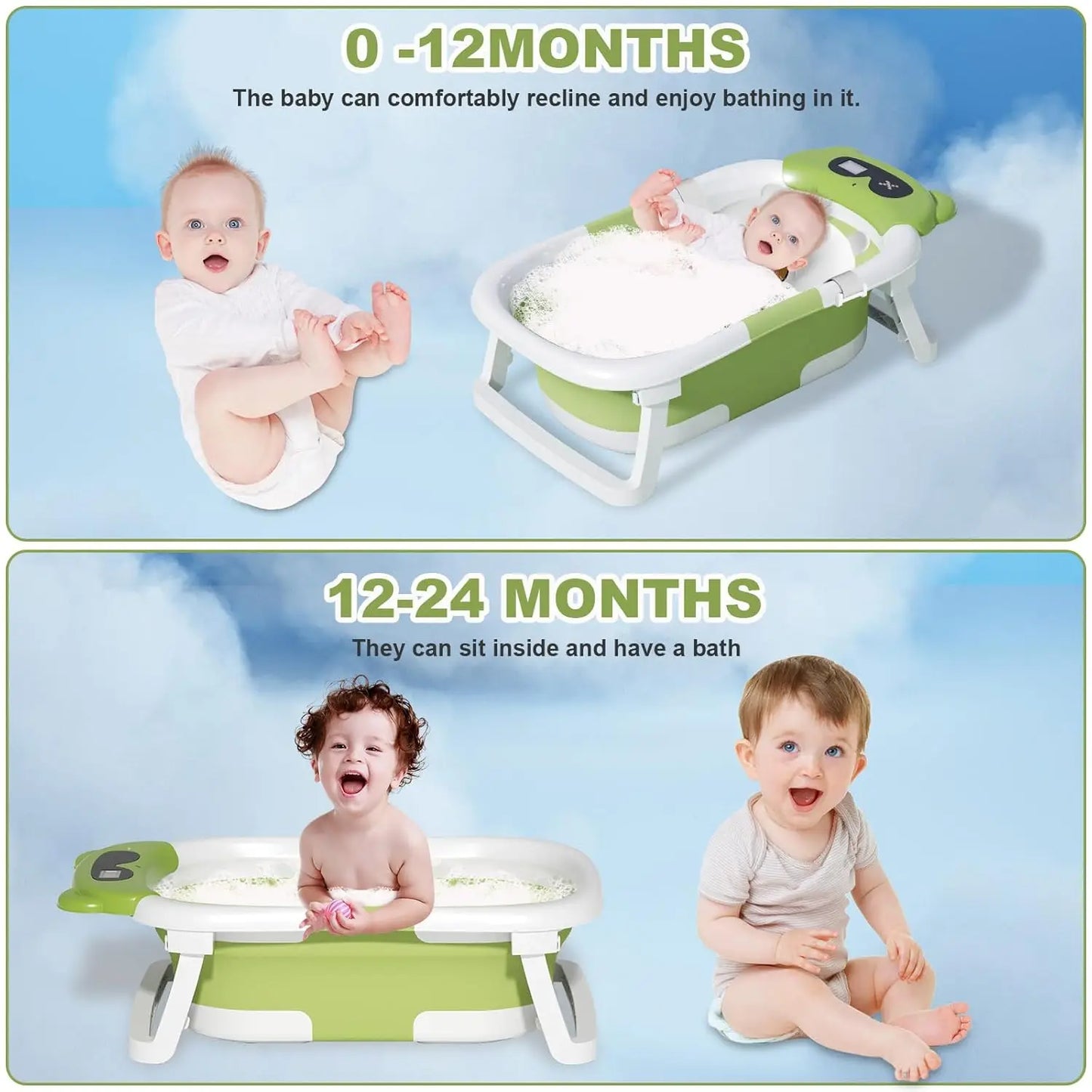 Foldable Baby Bathtub with Thermometer and Floating Cushion for Infants and Toddlers 0 to 36 Months