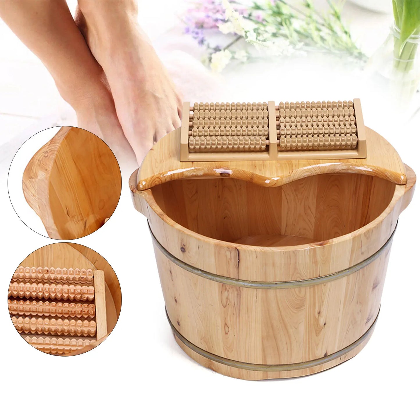 Cedar Wood Foot Bath Tub Lid Massager Solid Wood Handmade Spa Bucket with Massager and Lid