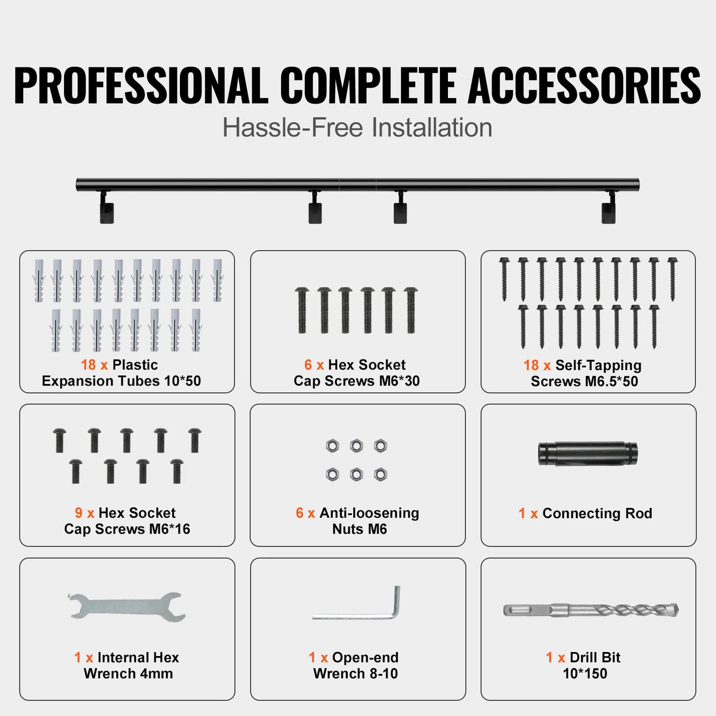 VEVOR 4/5/7/12 ft Handrail Stair Railing 440 LBS Wall Mount Stairway Hand Rail with Installation Kit for Indoor Outdoor Stairs