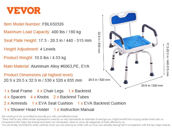 SucceBuy Swivel Shower Chair 360 Degree Adjustable Armrest Backrest Non Slip