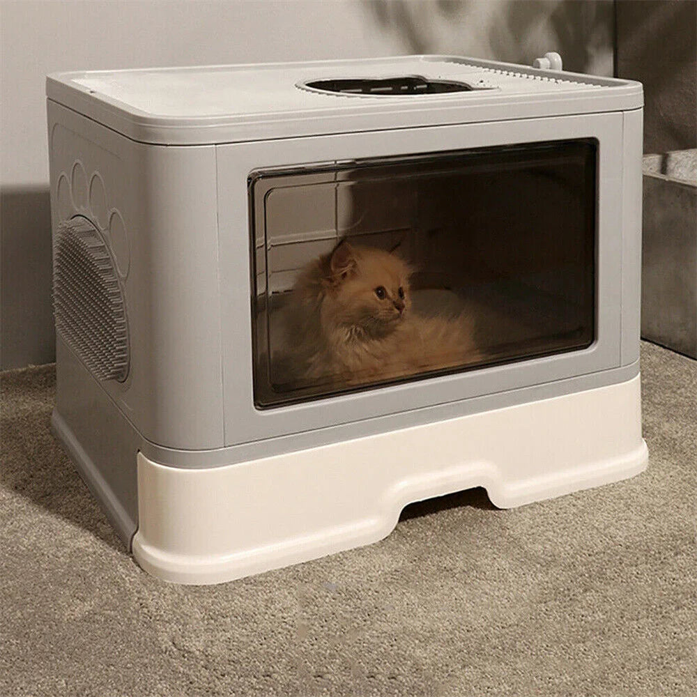 Large Hooded Cat Litter Box Tray Drawer Type Pet Kitty Toilet Top Entry Anti Splashing Enclosed Potty with Hair Grooming Scoop