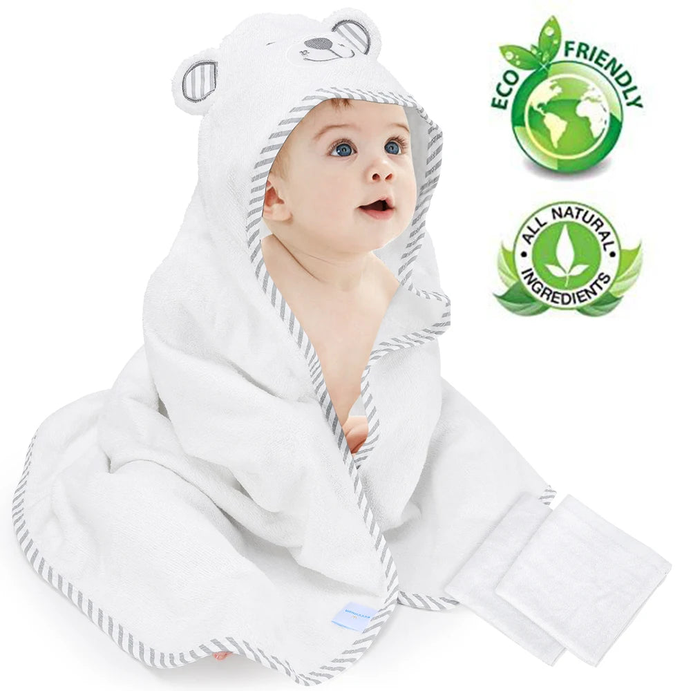 Kisdream Baby Hooded Towel Organic Bamboo Fiber Soft Bath Towels with Bear Embroidery for Toddlers