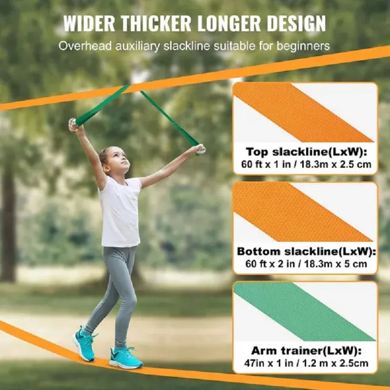 VEVOR Slackline Kit with Training Line 60 Foot Backyard Slackline Equipment Easy Setup Tight Rope for Kids and Adults