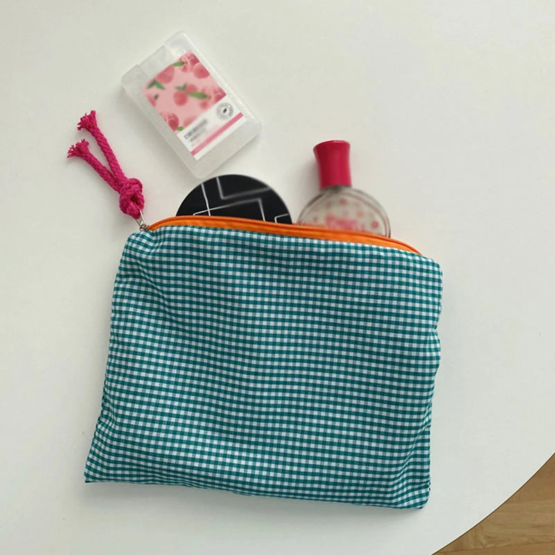 Plaid Makeup Bag Women Cotton Linen Cosmetic Zipper Pouch