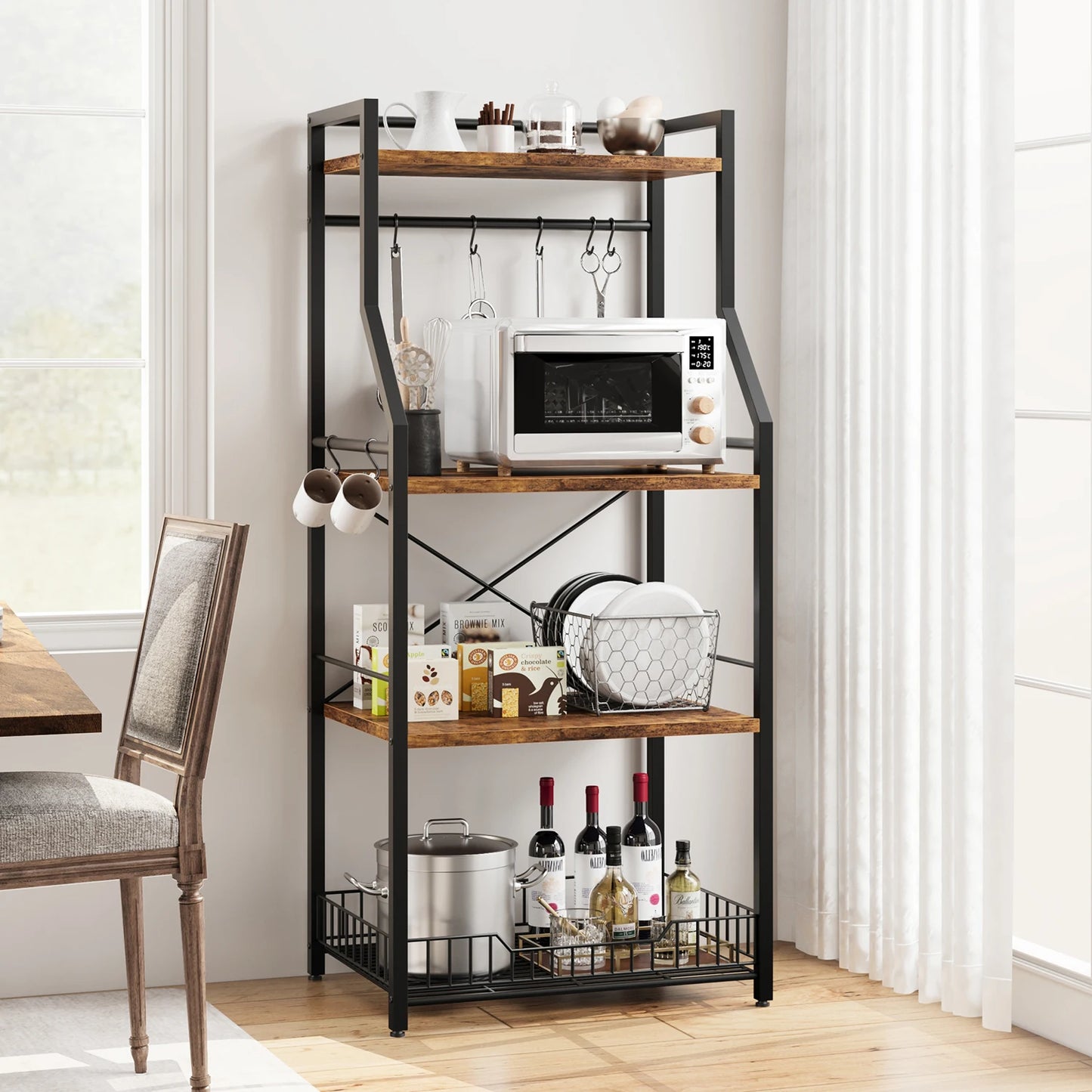 4-Tier Microwave Oven Rack With Wire Basket And 8 Hooks