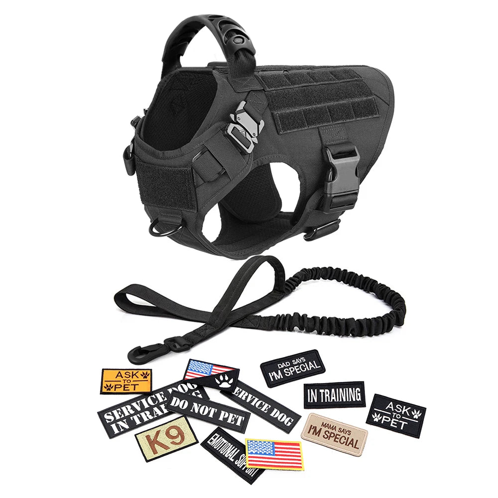 Military Large Dog Harness Collar Leash Bags Patches Set Tactical Training Vest for Malinois and Other Breeds
