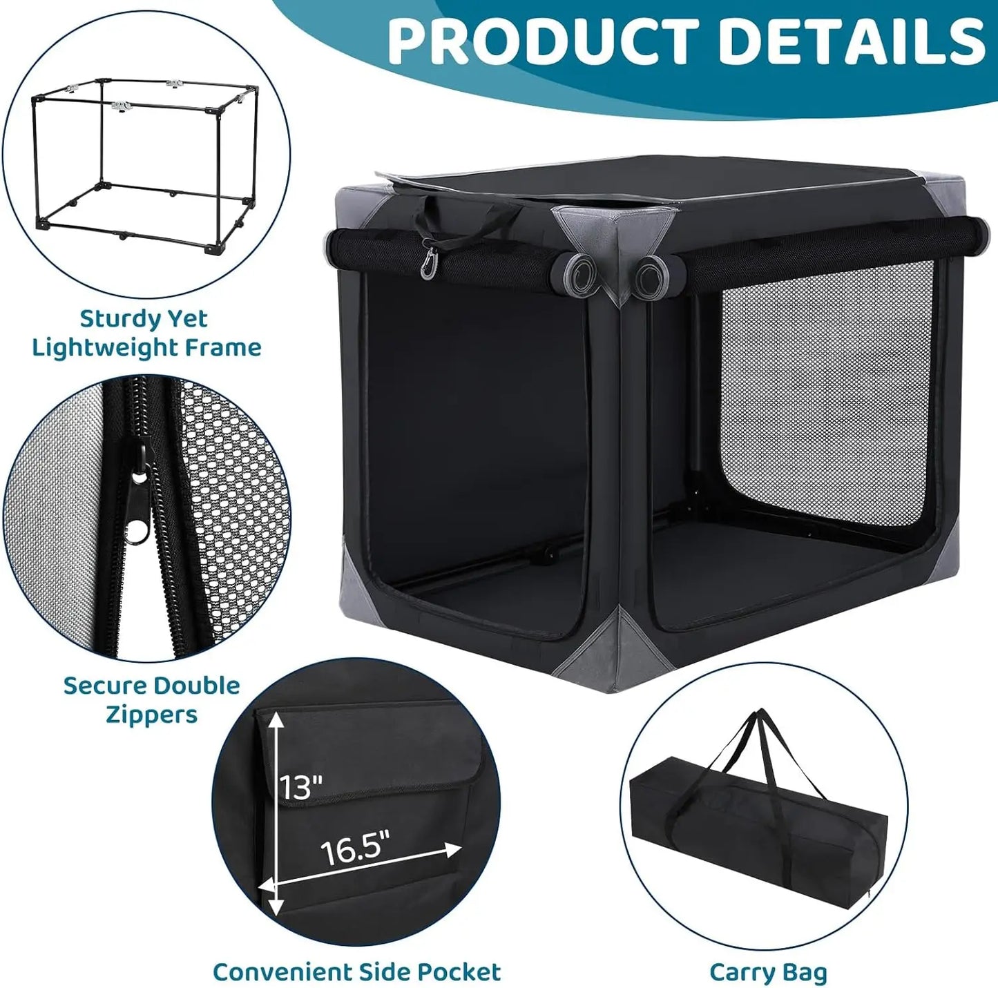 Collapsible Dog Crate 36 42 Inch Outdoor Travel Dog Crate Portable Fabric Cover Kennel by Iron Pipe with Four Mesh Windows