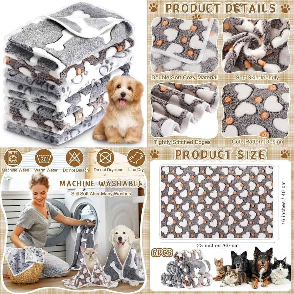 6 Pcs Small Dogs Blankets Super Soft Flannel Paw Prints