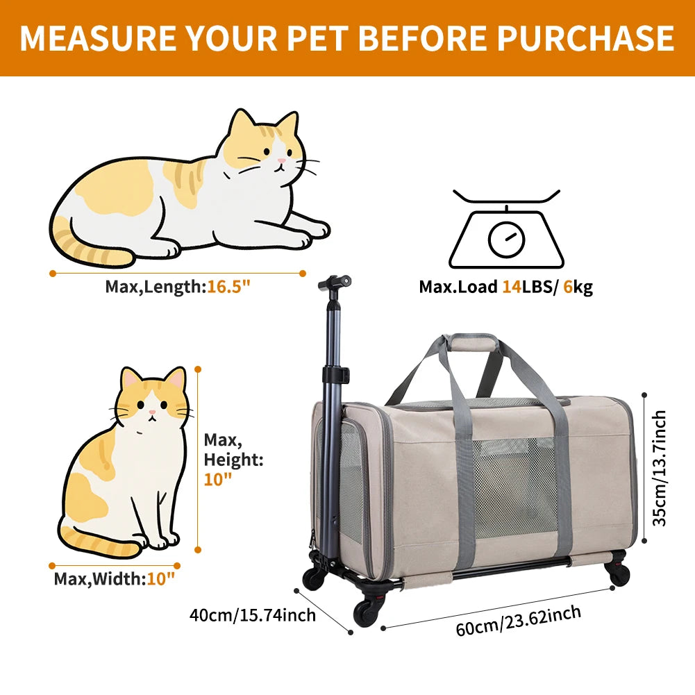 Cat Trolley for Two Cats Large Transport Box with Wheels Cat Carrier with Safety Belts for Travel