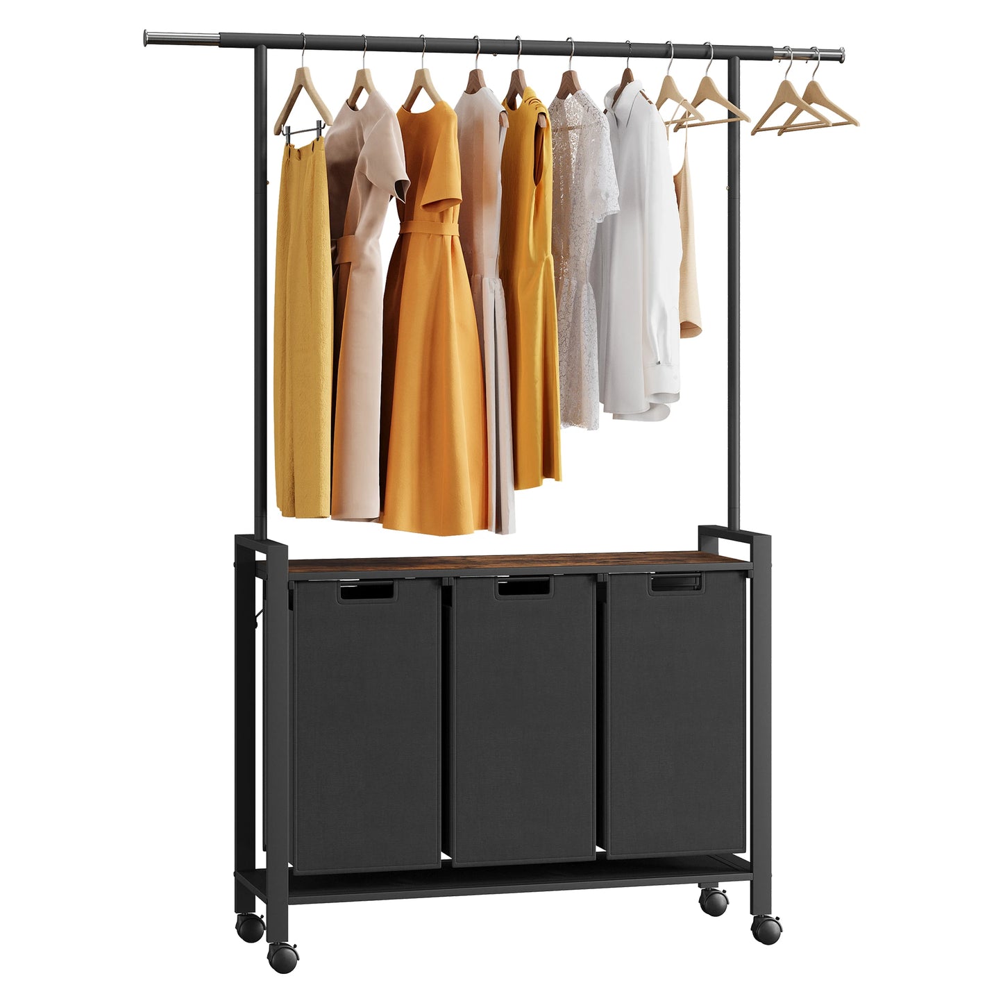 HobbyLane Laundry Hamper Sorter With Clothes Hanging Rod And Wooden Storage Shelf Organizer