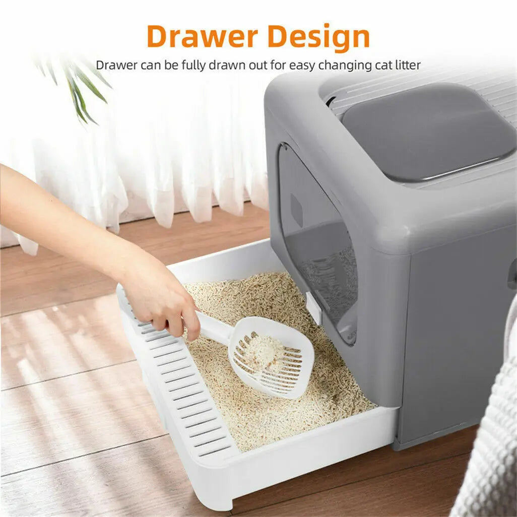 Cat Litter Box With Scoop And Tray Sifting Enclosed Foldable Kitten Toilet Detachable Poop Top Front Entry Pet Supplies