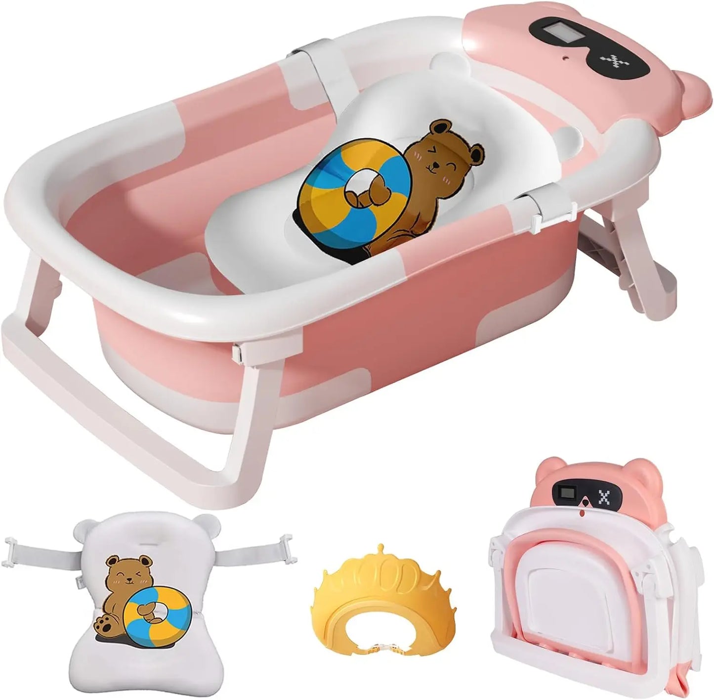 Foldable Baby Bathtub with Thermometer and Floating Cushion for Infants and Toddlers 0 to 36 Months