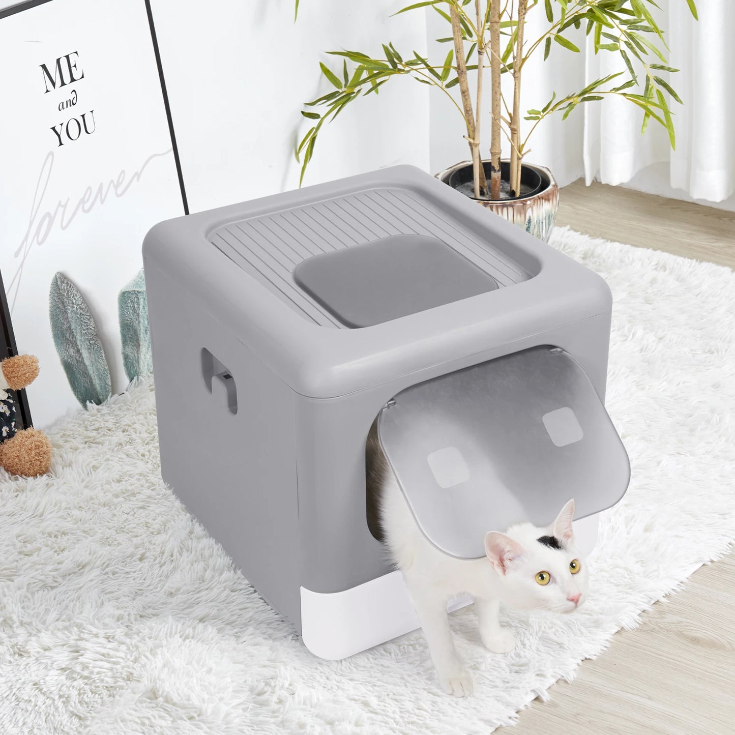 Cat Litter Box With Scoop And Tray Sifting Enclosed Foldable Kitten Toilet Detachable Poop Top Front Entry Pet Supplies