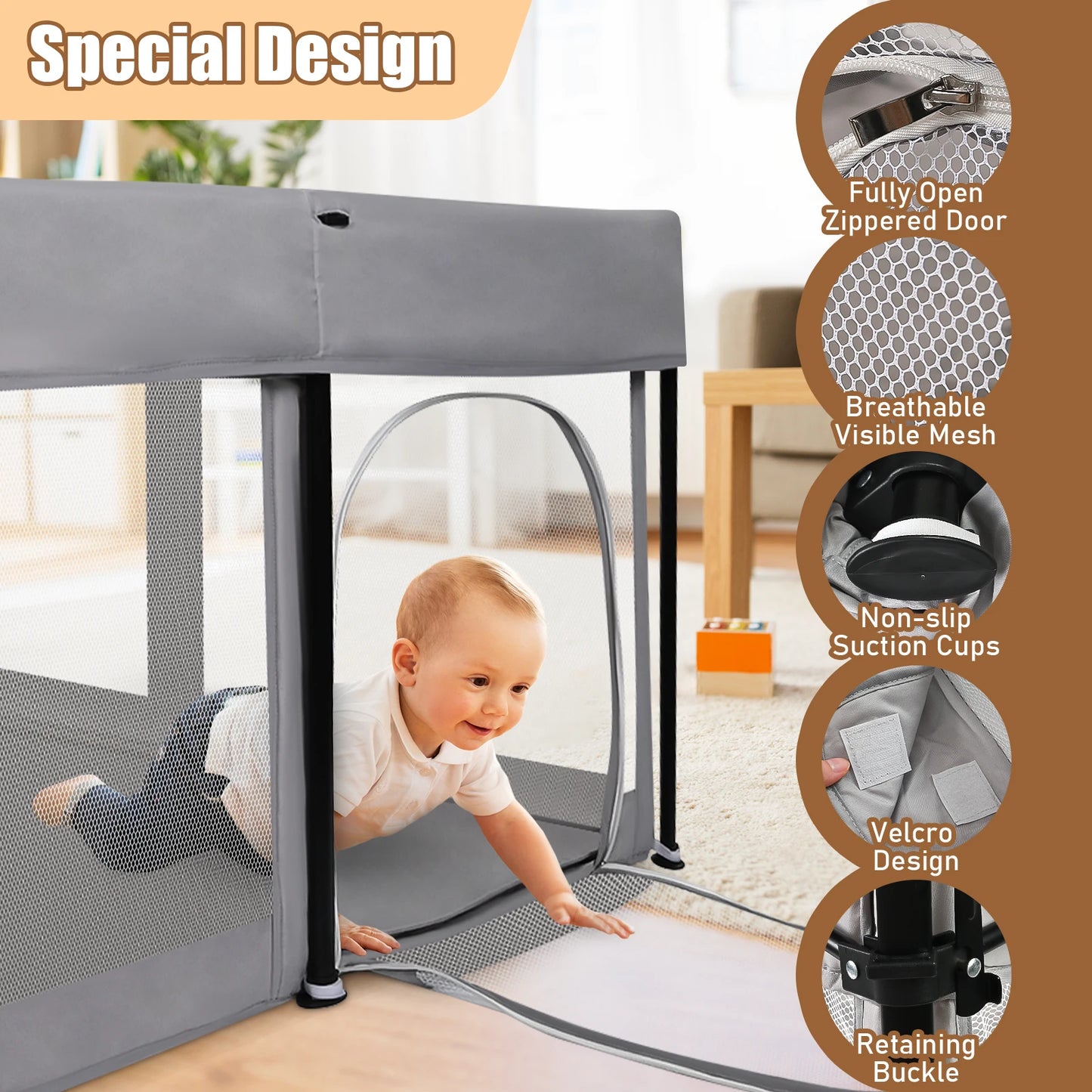 Foldable Baby Playpen with Mat 50 x 50 Inch Portable Sturdy Safe Baby Fence with Visible Breathable Mesh Zipper Door Storage