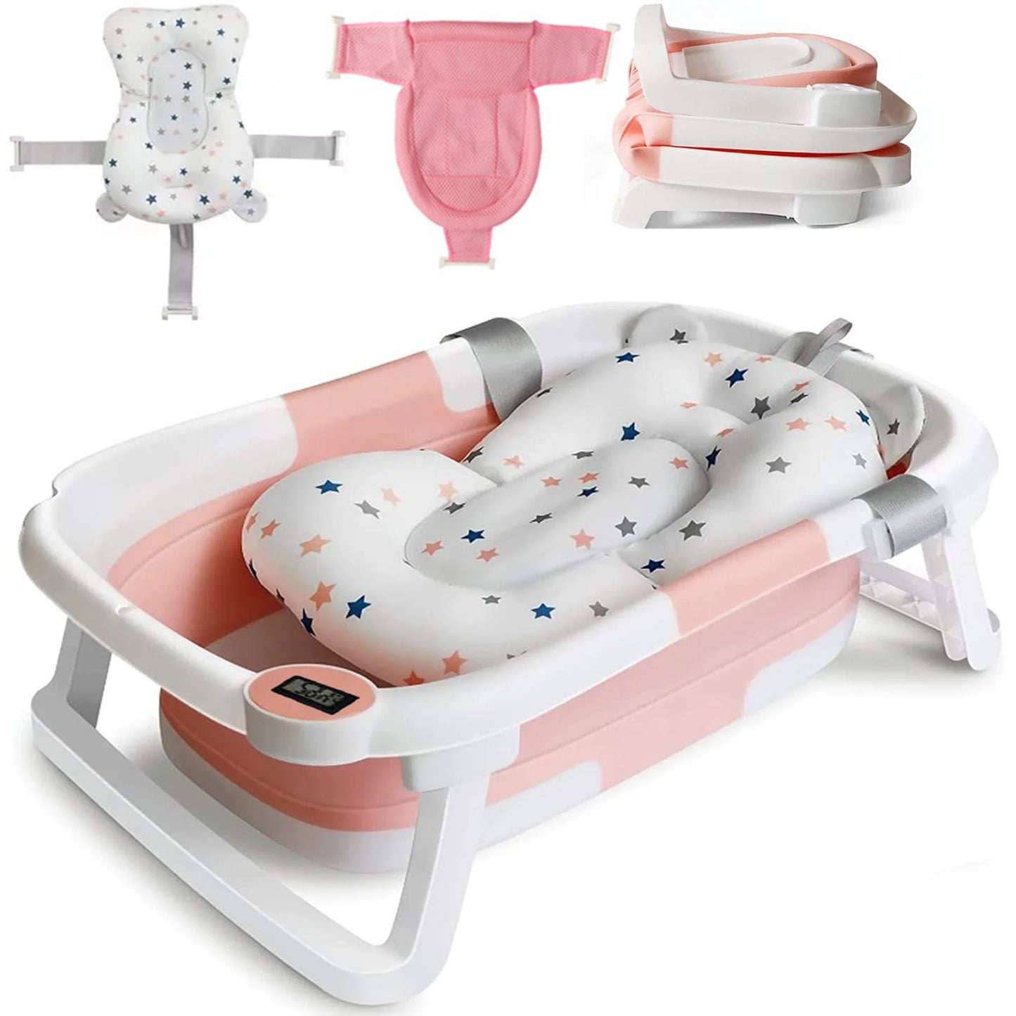 Foldable Baby Bathtub with Thermometer and Floating Cushion for Infants and Toddlers 0 to 36 Months