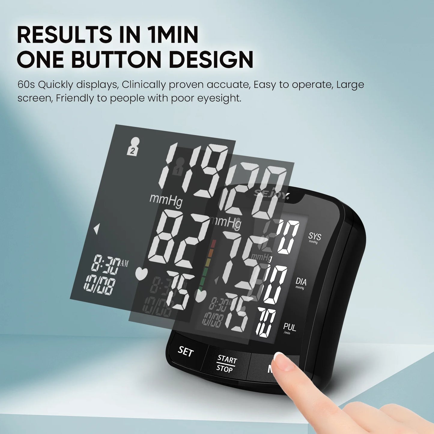 Sejoy Electronic Blood Pressure Monitor Wrist Cuff Tonometer Digital Sphygmomanometer BP Meter with Large LCD Display