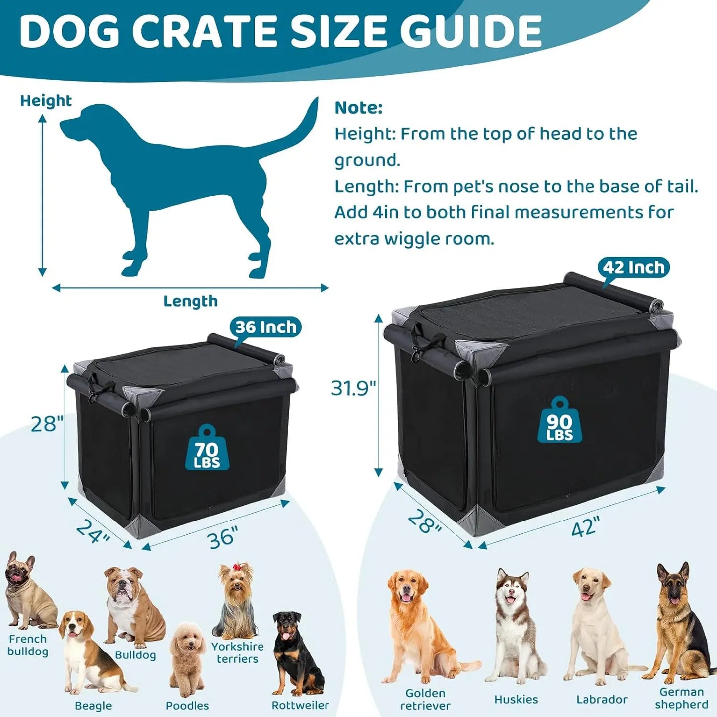 Collapsible Dog Crate 36 42 Inch Outdoor Travel Dog Crate Portable Fabric Cover Kennel by Iron Pipe with Four Mesh Windows