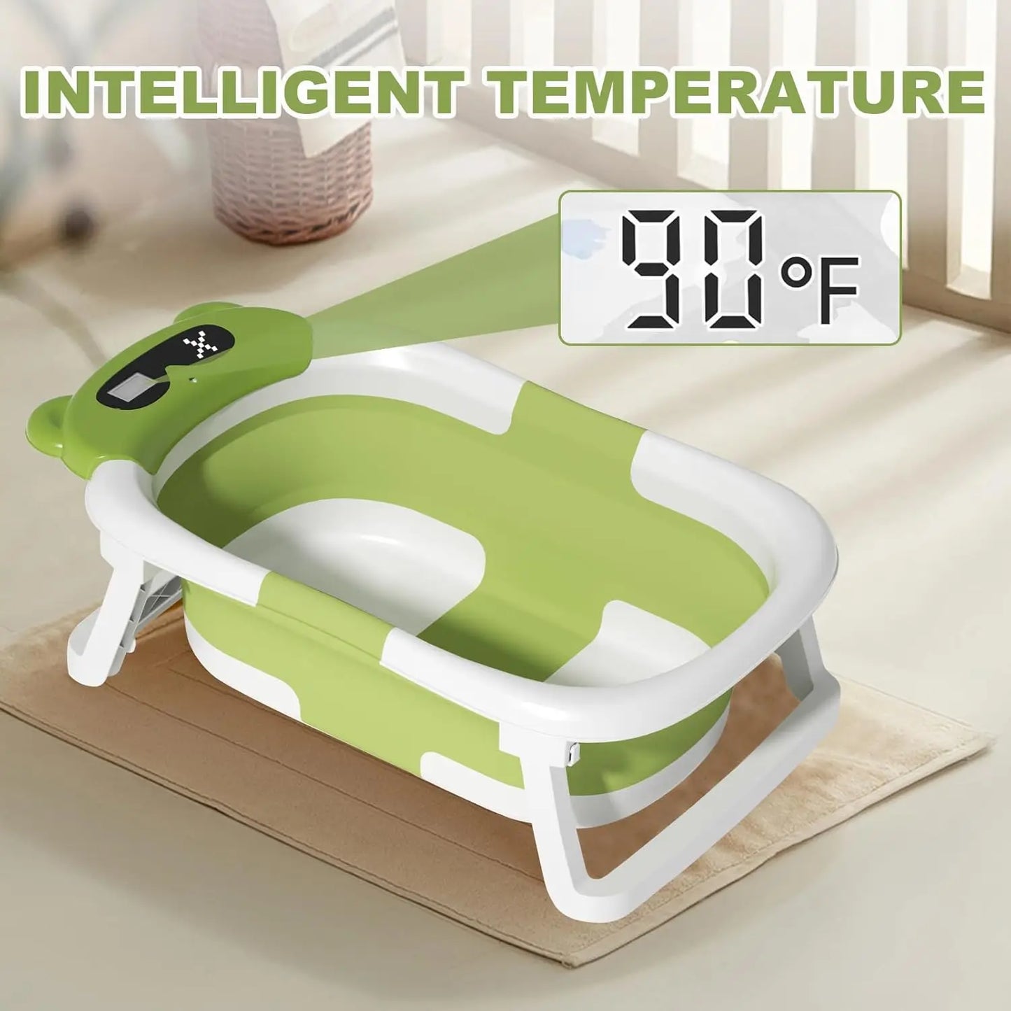 Foldable Baby Bathtub with Thermometer and Floating Cushion for Infants and Toddlers 0 to 36 Months