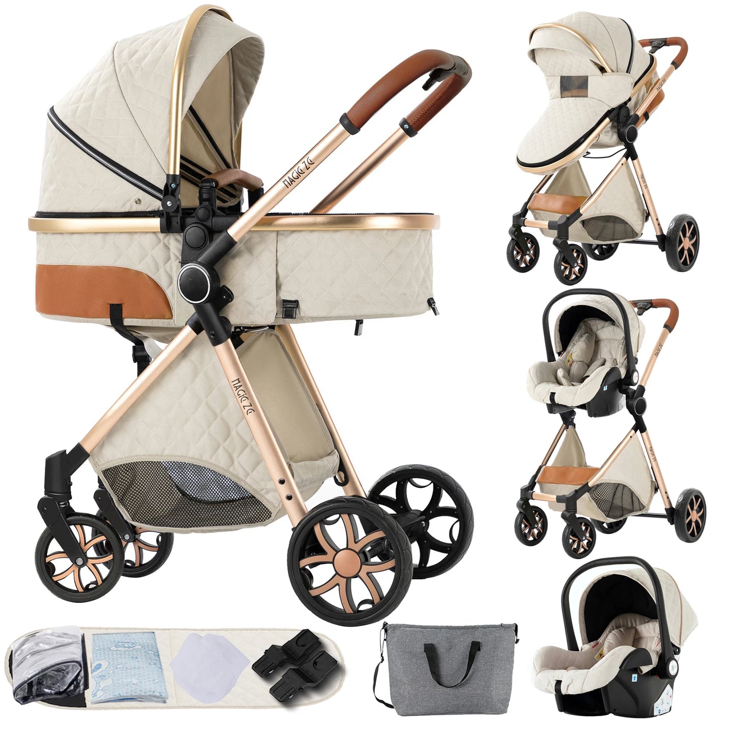 Baby Stroller 3 in 1 Travel System Pushchair Lightweight Pram All Terrain Baby Buggy Compact Fold Stroller