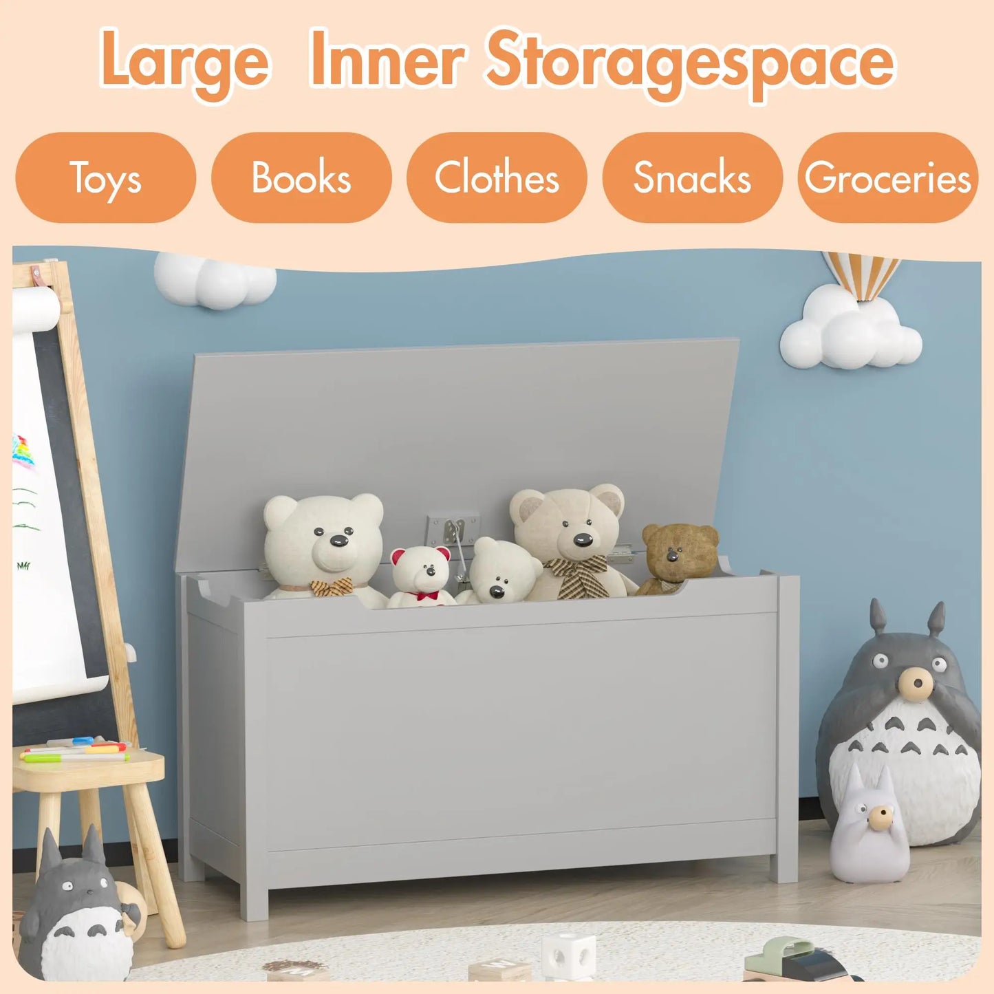 Kids Gray MDF Toy Box With Hinged Lid, Storage For Ages 2+