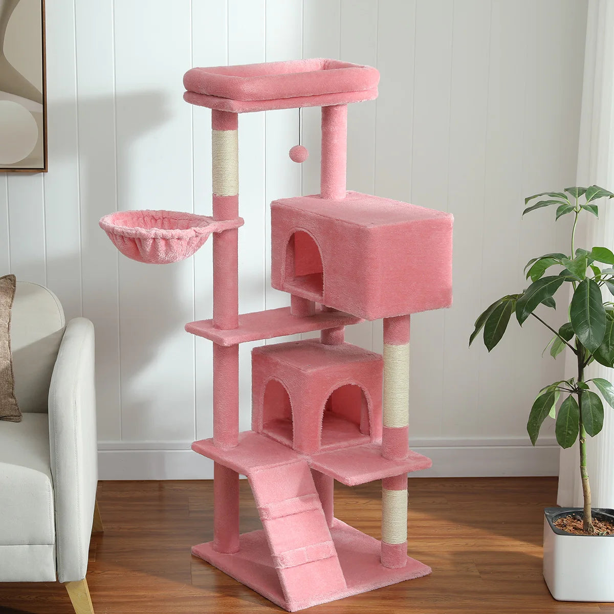 56.3 Inch Cat Tree for Large Cats with Super Large Top Perch Plush Hammock Dangling Pompom and Cat Scratching Post