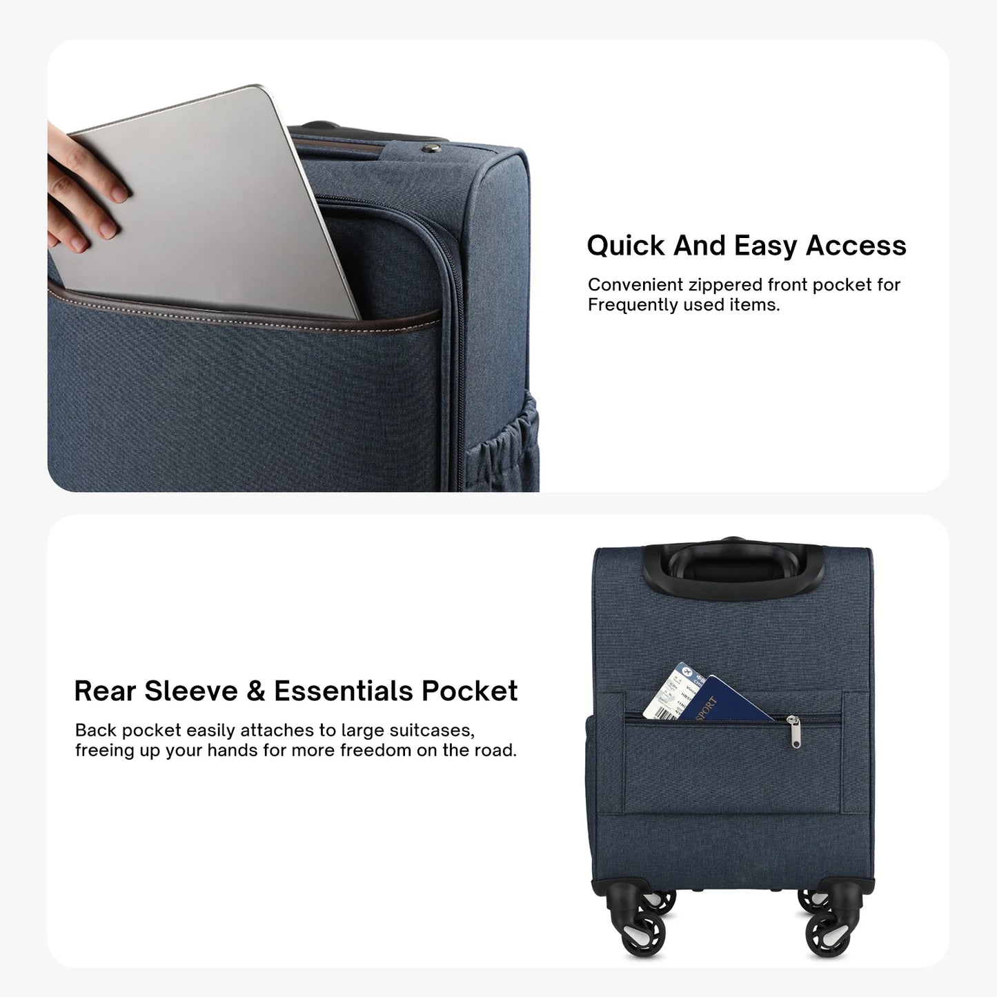 Luggage Set Underseat Carry On Luggage with Wheels 15 Inch Lightweight Luggage with Front Opening Lid Blue