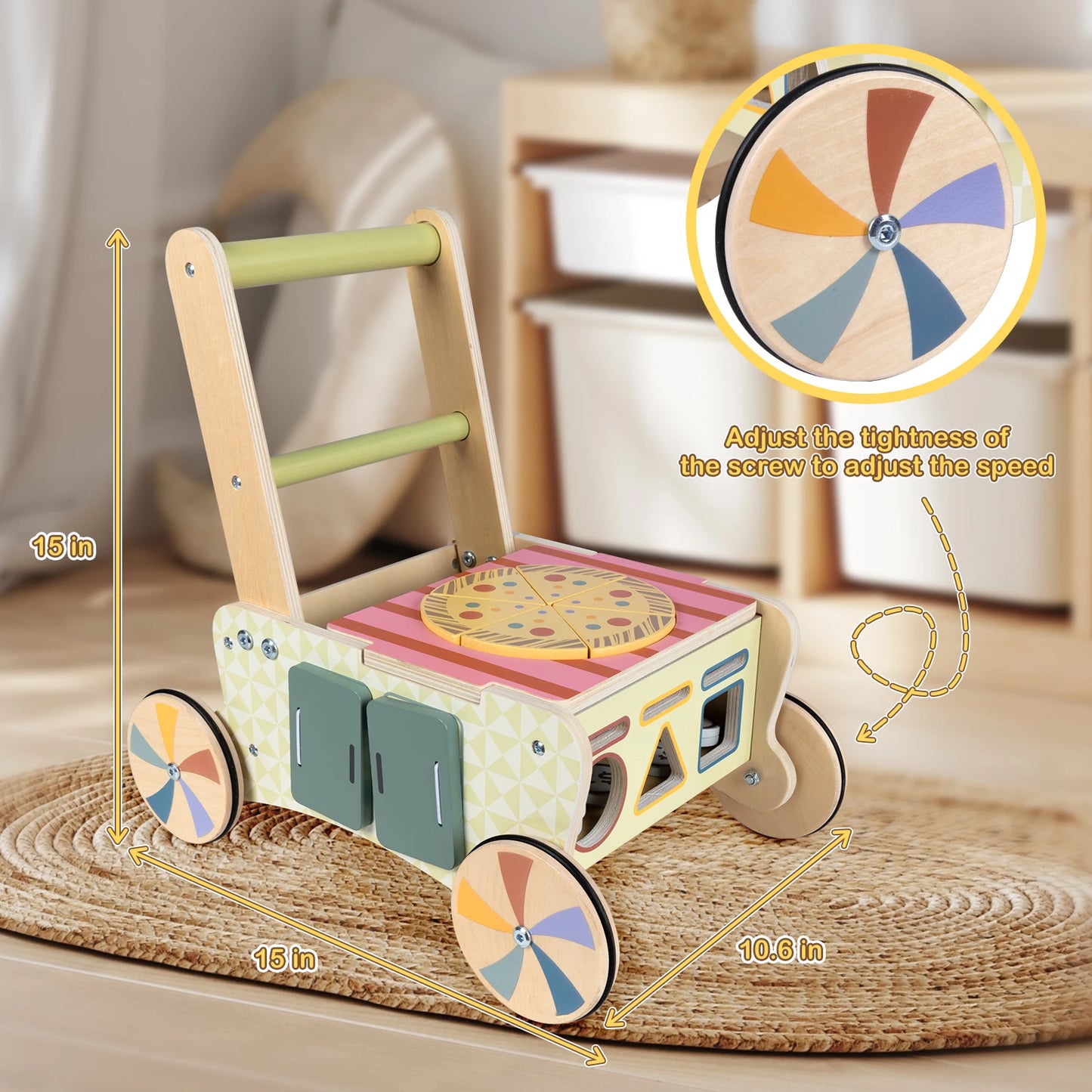 Wooden Baby Push Walker Shopping Cart And Activity Center