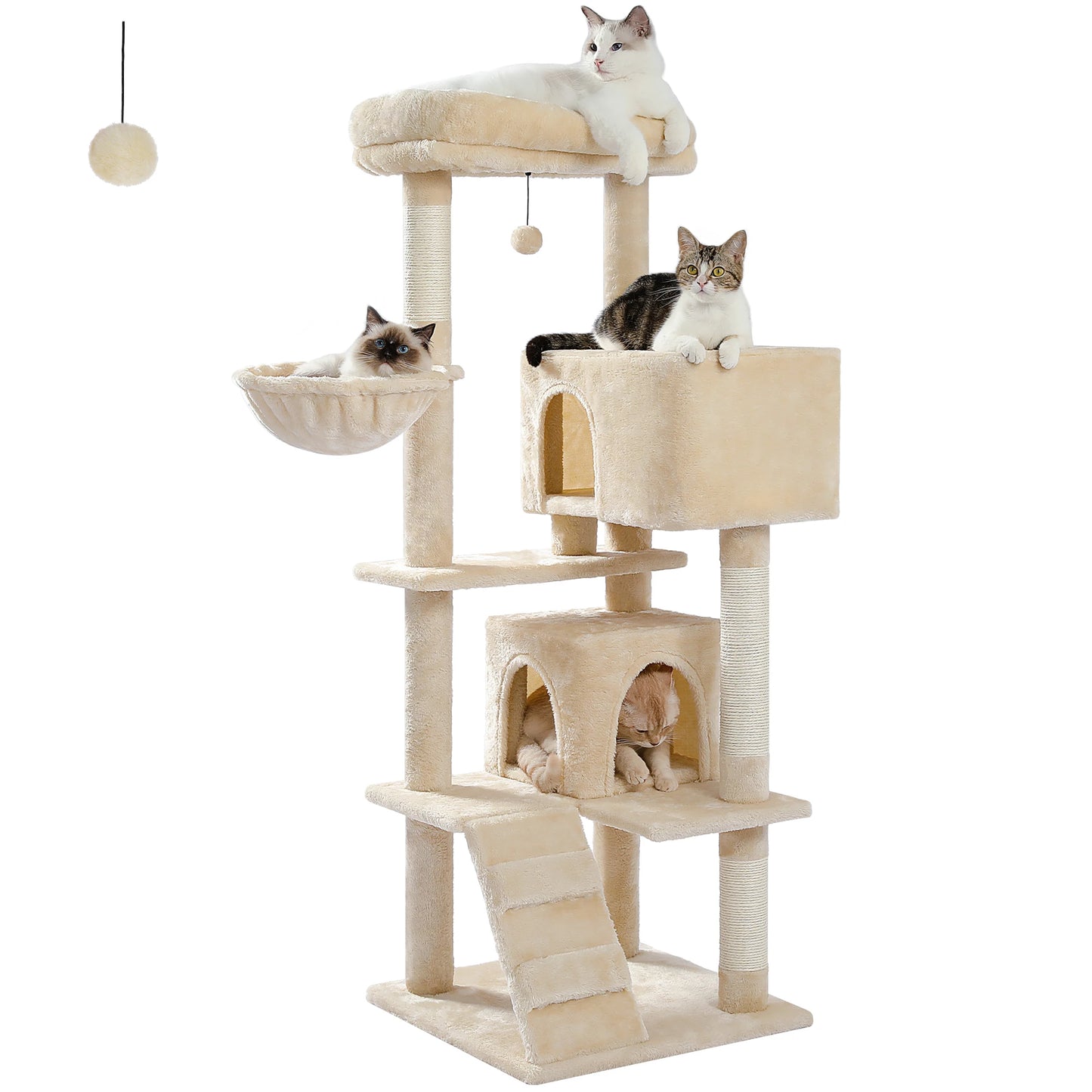 56.3 Inch Cat Tree for Large Cats with Super Large Top Perch Plush Hammock Dangling Pompom and Cat Scratching Post