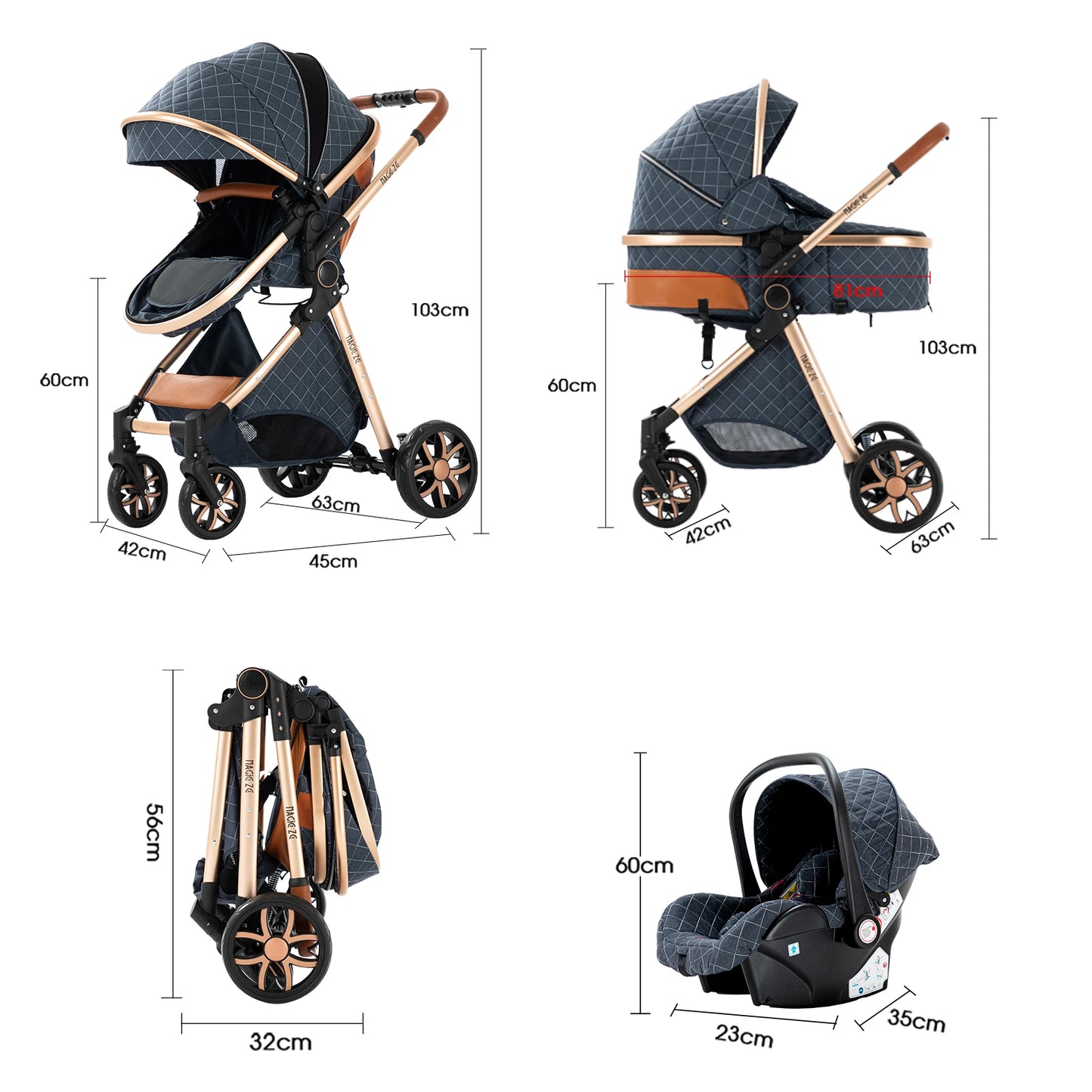 Baby Stroller 3 in 1 Travel System Pushchair Lightweight Pram All Terrain Baby Buggy Compact Fold Stroller