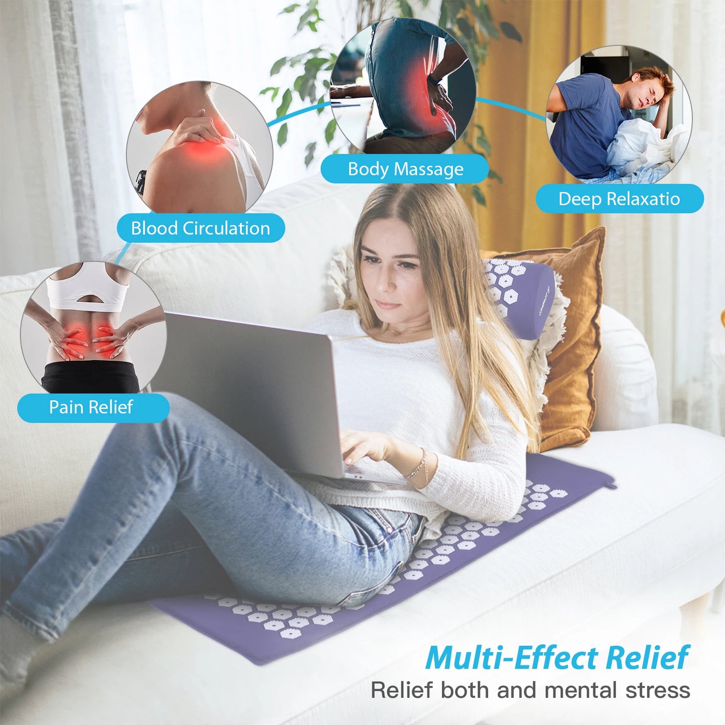 Massager Cushion Massage Yoga Mat Acupressure Spike Mat and Pillow Set for Stress Relief and Pain Relief