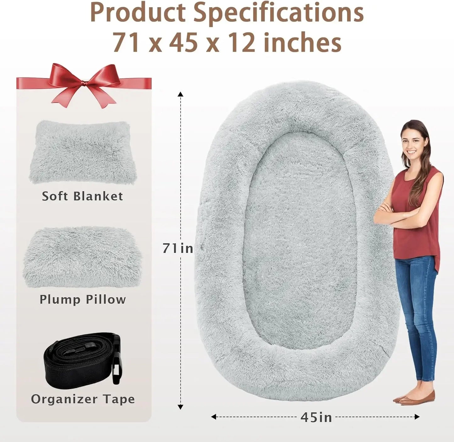 Human Dog Bed 71 Inch x 45 Inch x 12 Inch Size Washable Giant People Dog Bed 10 CM Thick Memory Foam Large Oversize Dog Bed with Plump Pillow