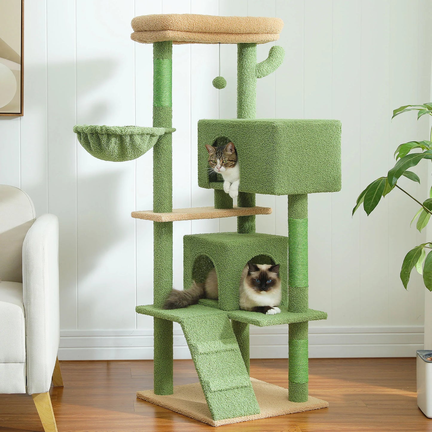 56.3 Inch Cat Tree for Large Cats with Super Large Top Perch Plush Hammock Dangling Pompom and Cat Scratching Post
