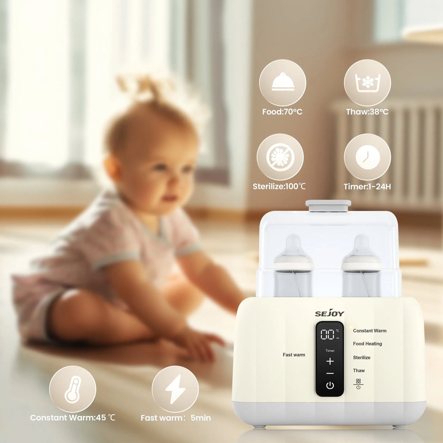 Sejoy Bottle Warmer For Baby 6-in-1 Fast Baby Milk Warmer With LCD Display Double Bottle Warmer Steam Sterilizer 24 Hour Temperature Control