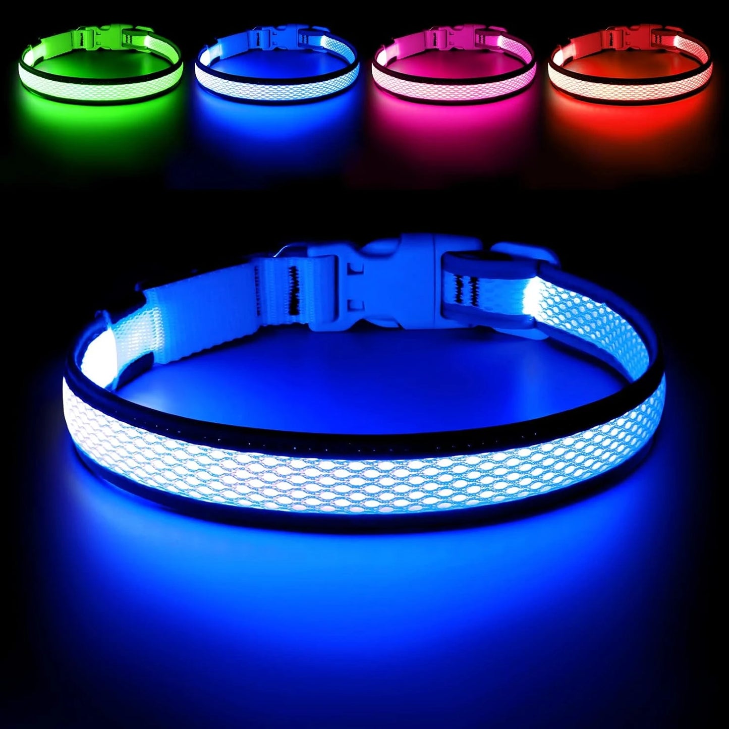 Comfortable Neon Green LED Dog Collar Lights for Small Medium Large Dogs USB Rechargeable Adjustable Soft Mesh