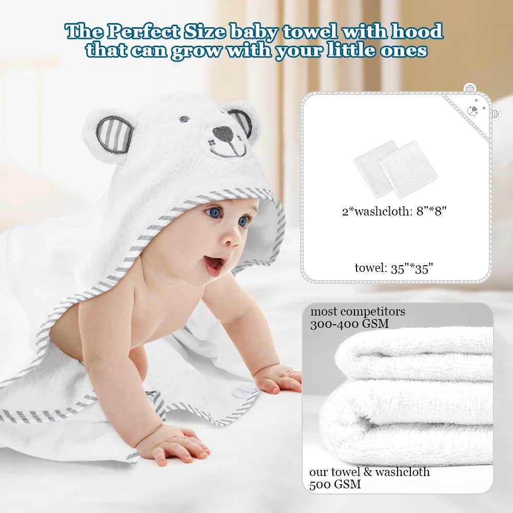 Kisdream Baby Hooded Towel Organic Bamboo Fiber Soft Bath Towels with Bear Embroidery for Toddlers