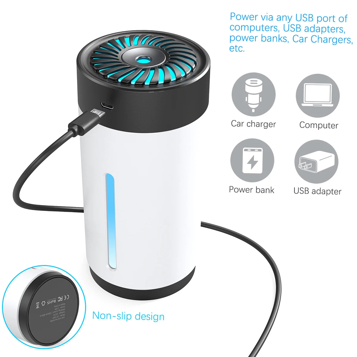 Dodocool 300ml Mini Ultrasonic USB Humidifier with 7 Colors LED Light Dual Mist Modes Whisper Quiet Operation and Automatic Shut Off