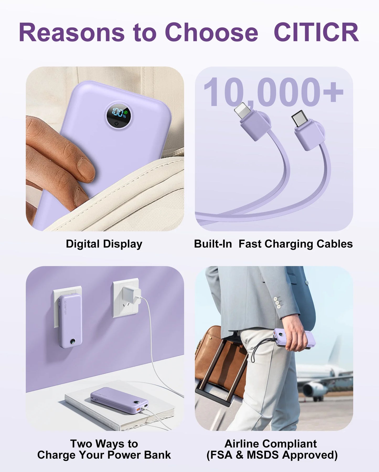 12000mAh Type C Fast Charging Power Bank with Built in Cables and Wall Plug Travel Essential Battery Pack for iPhone Samsung and More