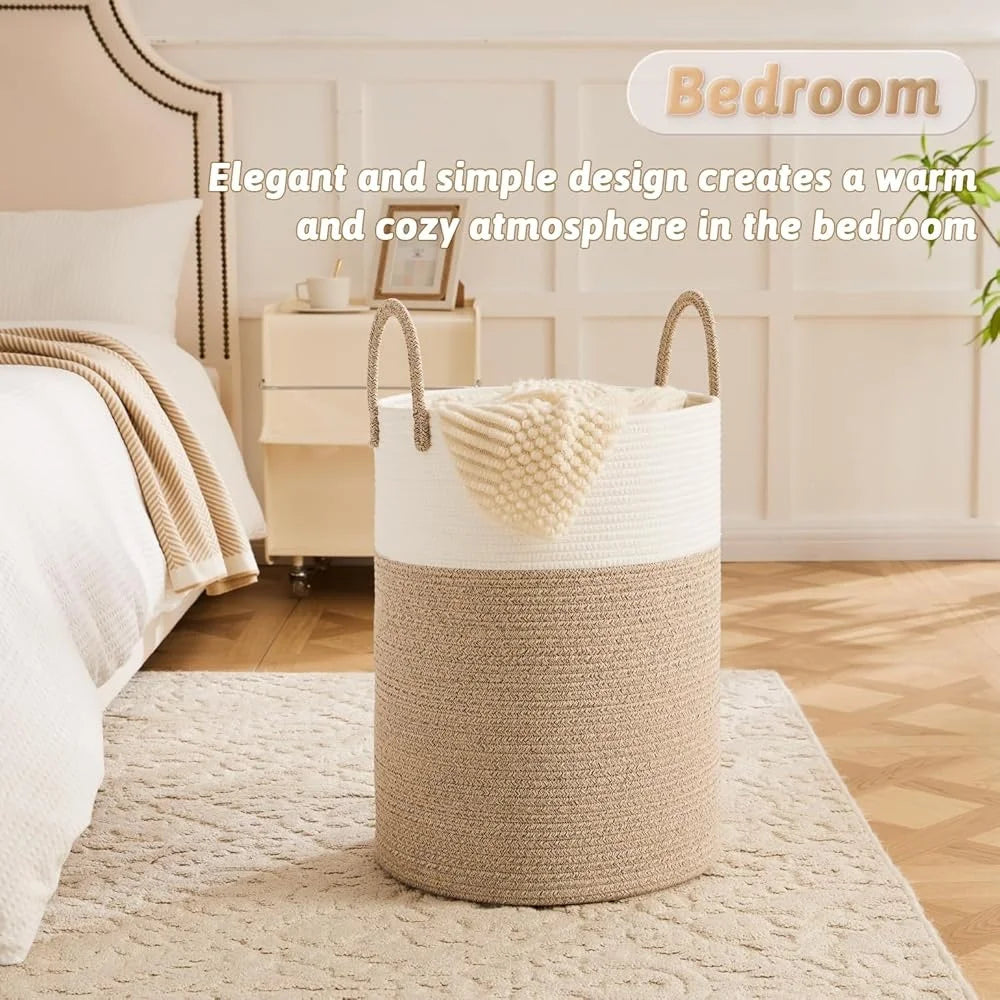 Woven Cotton Rope Laundry Basket Storage Hamper for Dirty Clothes Toys and Blankets Easy to Clean Collapsible Design for Bathroom and Baby Room